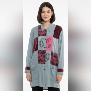 Surya Vintage Gray and Red Patchwork Blazer With Exotic Buttons